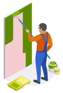 Illustration of a contractor painting an interior wall with a paint roller during a residential home painting project