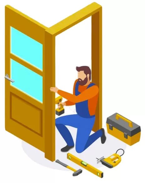 Illustration of a contractor installing and aligning an interior door during a residential door replacement project