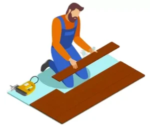 Illustration of a contractor installing laminate or engineered hardwood flooring over an underlayment during a residential floor renovation