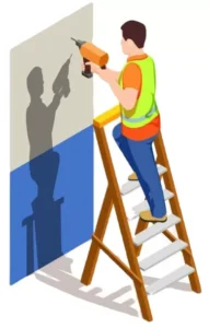 Illustration of a contractor drilling into an interior wall while standing on a ladder during a residential installation project