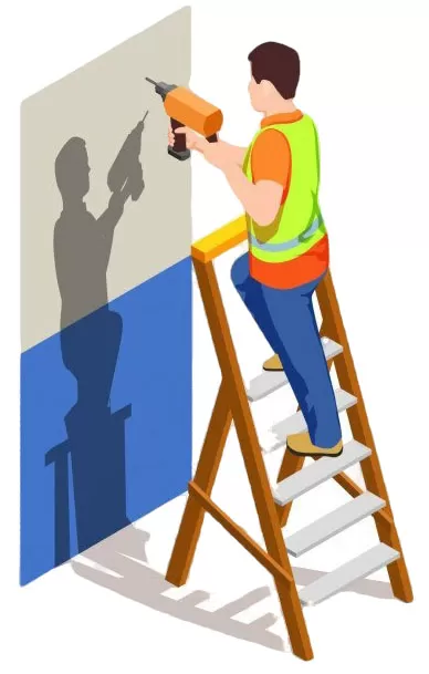 Illustration of a contractor drilling into an interior wall while standing on a ladder during a residential installation project