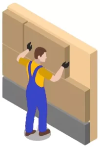 Illustration of a contractor installing wall panels or cladding as part of an interior wall finishing and remodeling project