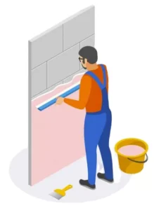 Illustration of a contractor installing wall tiles and smoothing adhesive during a bathroom or kitchen tile installation