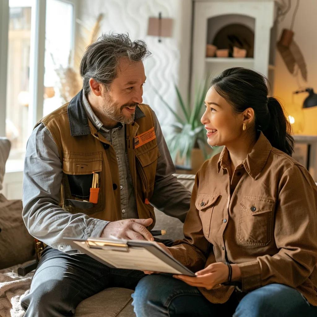 Handyman presenting a transparent estimate to a homeowner in a living room