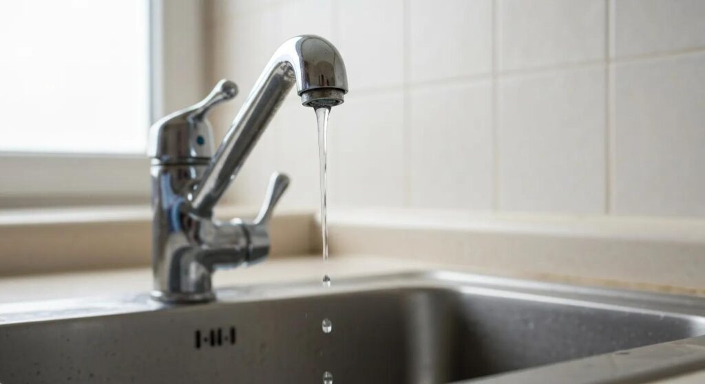 Close-up shot of a dripping faucet, clearly illustrating a common plumbing problem that requires attention and repair