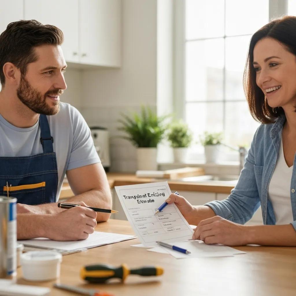 A homeowner reviewing a clear pricing estimate with a handyman at a kitchen table