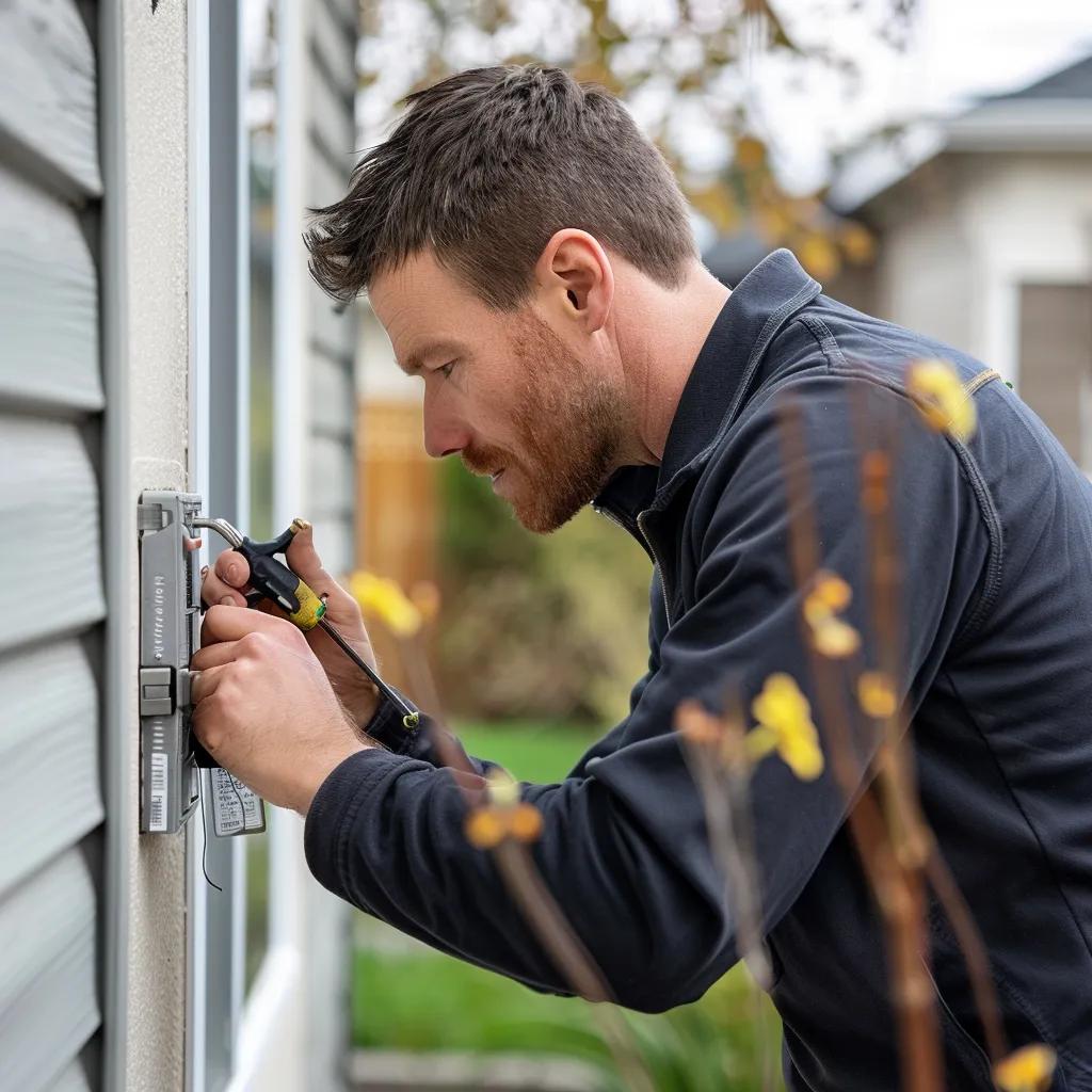 Handyman assessing a broken lock for urgent repair in a Santa Clara neighborhood