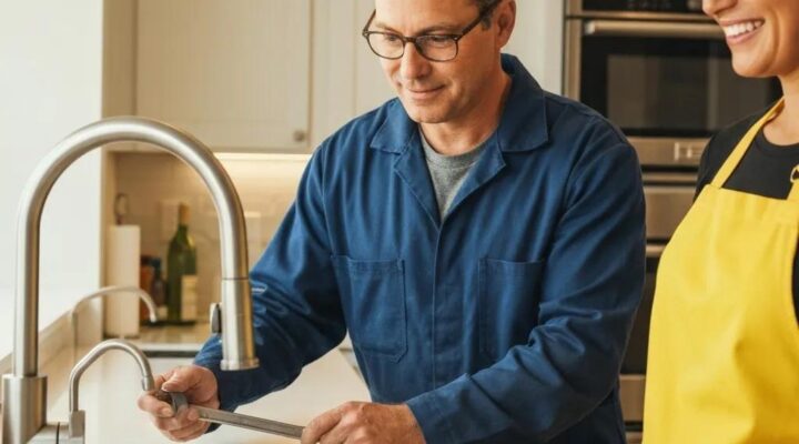 Professional handyman assisting a homeowner with repairs in a Santa Clara kitchen