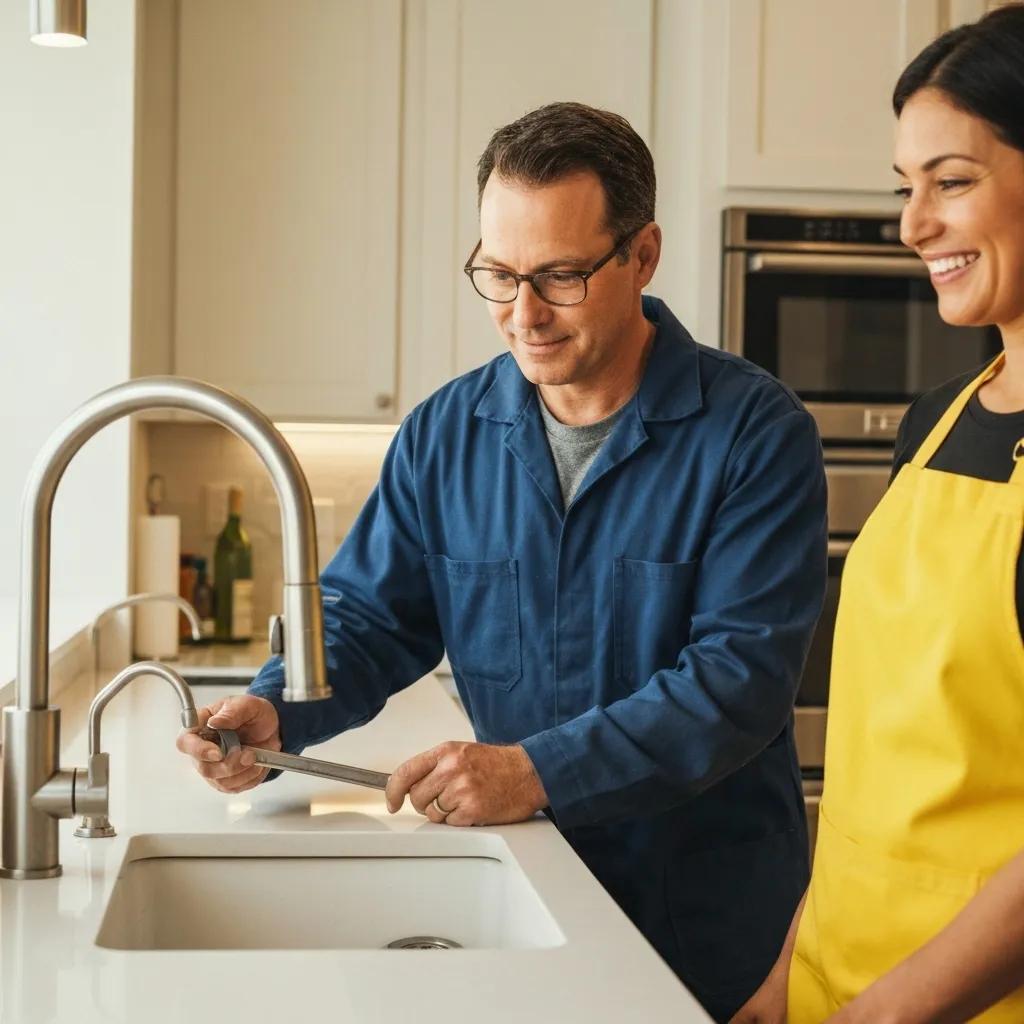 Professional handyman assisting a homeowner with repairs in a Santa Clara kitchen