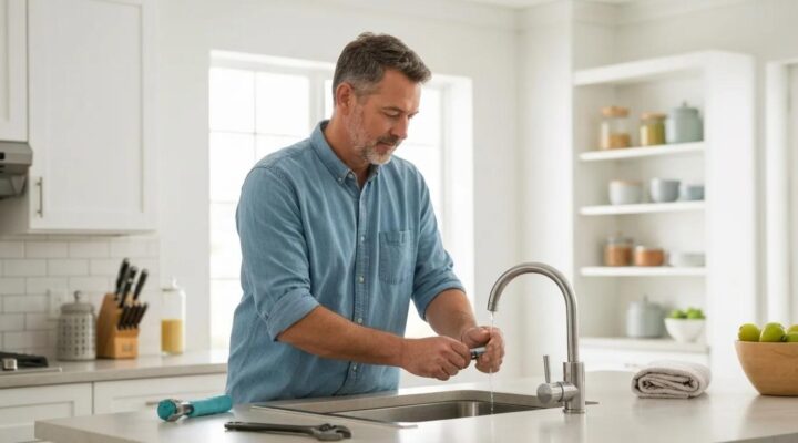 Homeowner fixing a dripping faucet in a modern kitchen, showcasing essential home repair skills