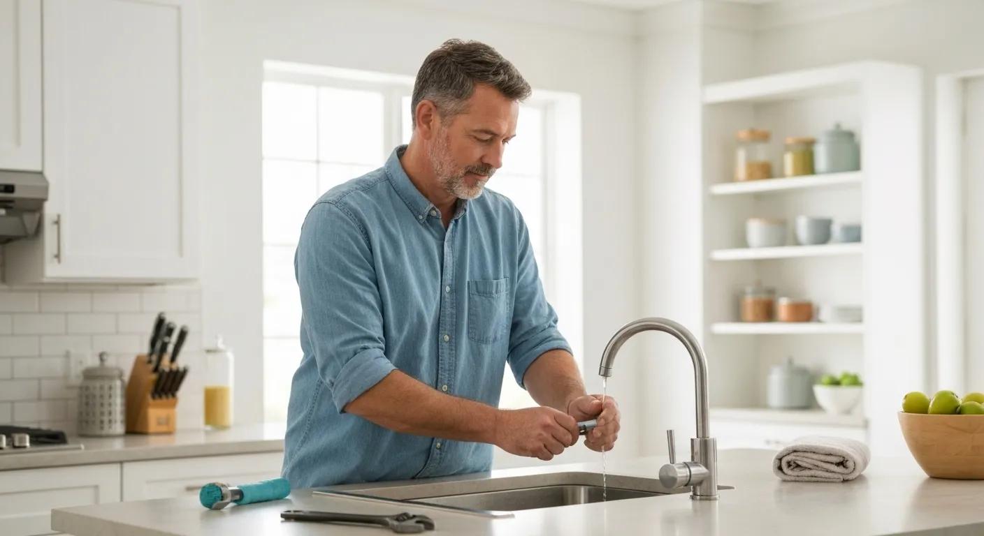 Homeowner fixing a dripping faucet in a modern kitchen, showcasing essential home repair skills