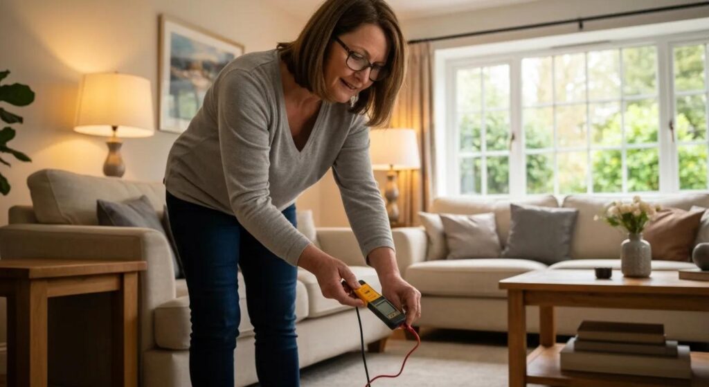 Homeowner carefully inspecting an warm electrical outlet with a voltage tester, emphasizing the importance of electrical safety during home repairs