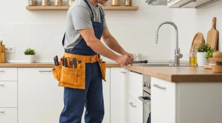 Professional handyman expertly fixing a dripping faucet in a modern kitchen