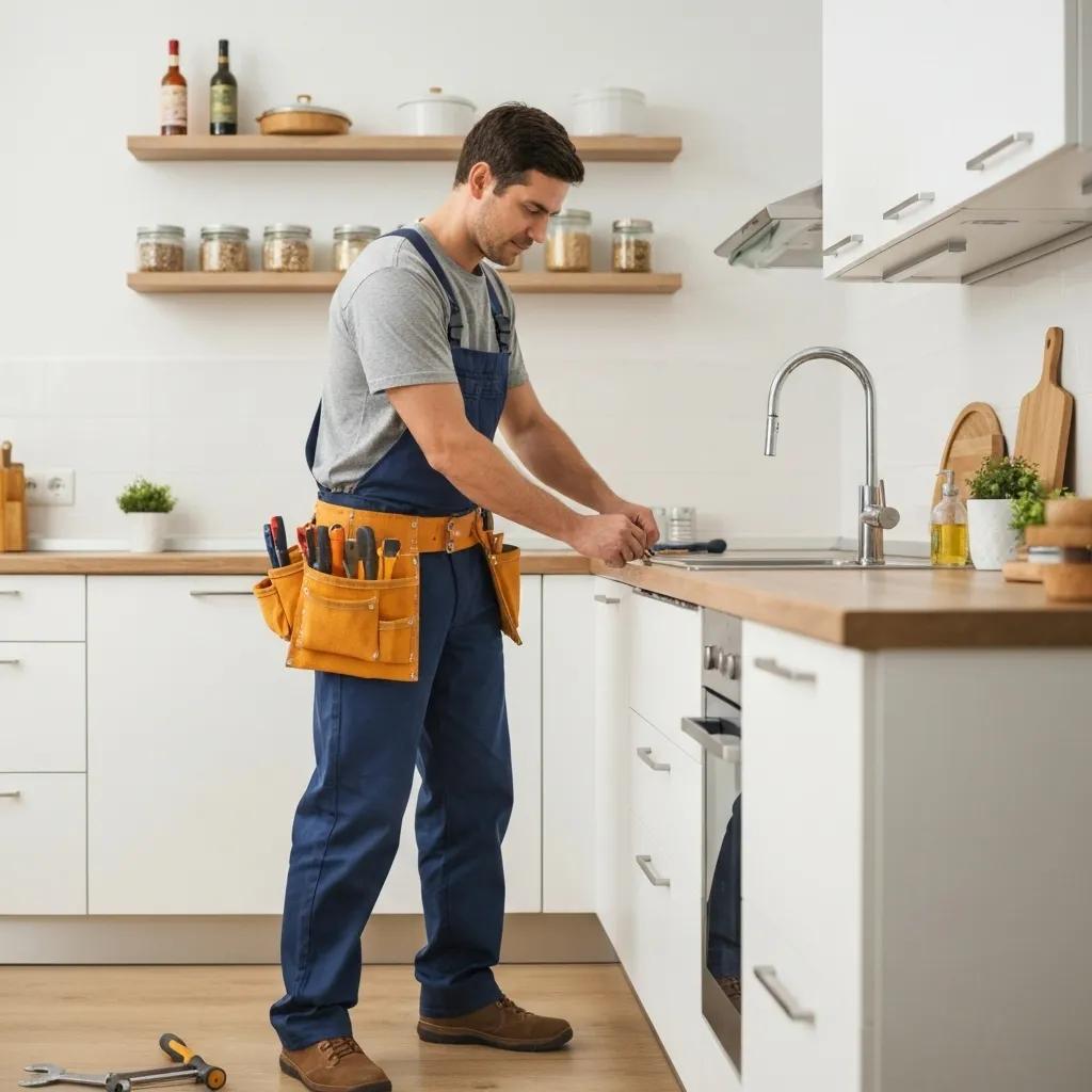 Professional handyman expertly fixing a dripping faucet in a modern kitchen