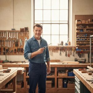 A friendly handyman is shown assisting a homeowner in a well-organized workshop, surrounded by tools and a welcoming atmosphere.