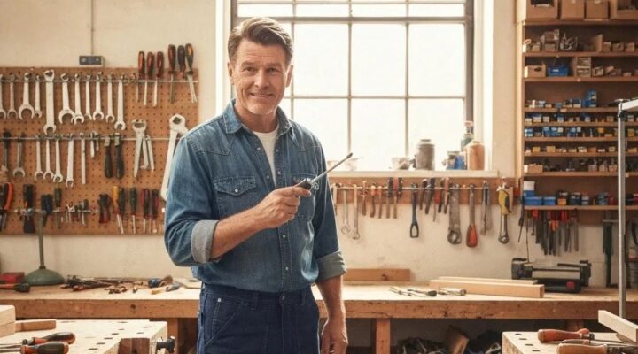 A friendly handyman is shown assisting a homeowner in a well-organized workshop, surrounded by tools and a welcoming atmosphere.