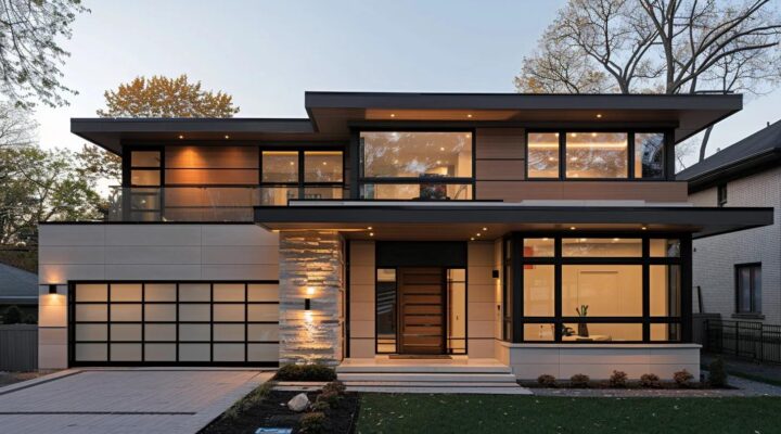 A modern two-story house with a flat roof and asymmetrical design, featuring a mix of vertical beige panels and horizontal natural wood siding. Large black-framed windows, including one horizontal slit window and several square/rectangular windows. A glass-panel garage door occupies the bottom left, with warm wall-mounted lights on each side. The front entrance has a modern wooden door with glass inserts, sheltered by a sleek overhang. Contemporary urban setting, realistic lighting at dusk.