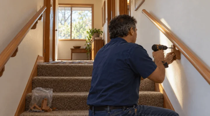 Handyman fitting a second handrail on interior stairs in an older San Jose house