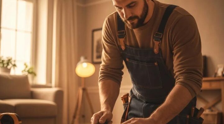Handyman working on home repairs, showcasing tools and a cozy home environment
