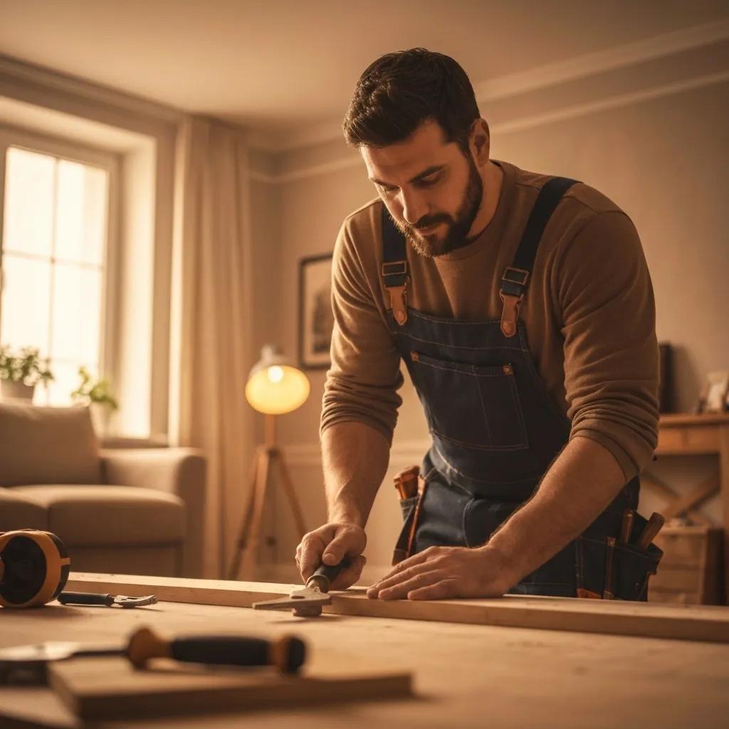 Handyman working on home repairs, showcasing tools and a cozy home environment