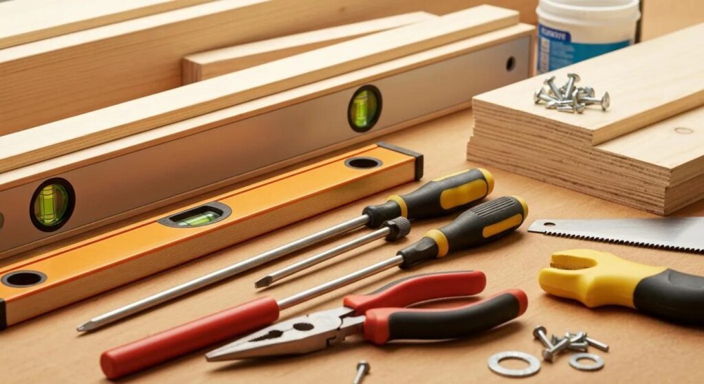 A close-up view of various materials and tools essential for handyman services, highlighting the importance of planning and budgeting for projects.