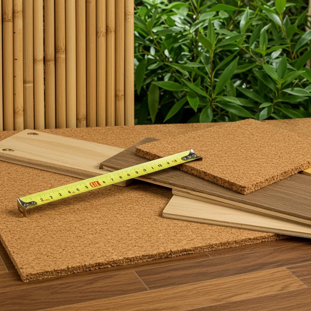 Close-up of sustainable flooring materials like bamboo and cork, set against a natural backdrop, emphasizing eco-friendly options.