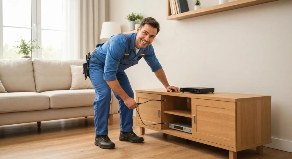 Handyman expertly assembling furniture in a comfortable living room setting