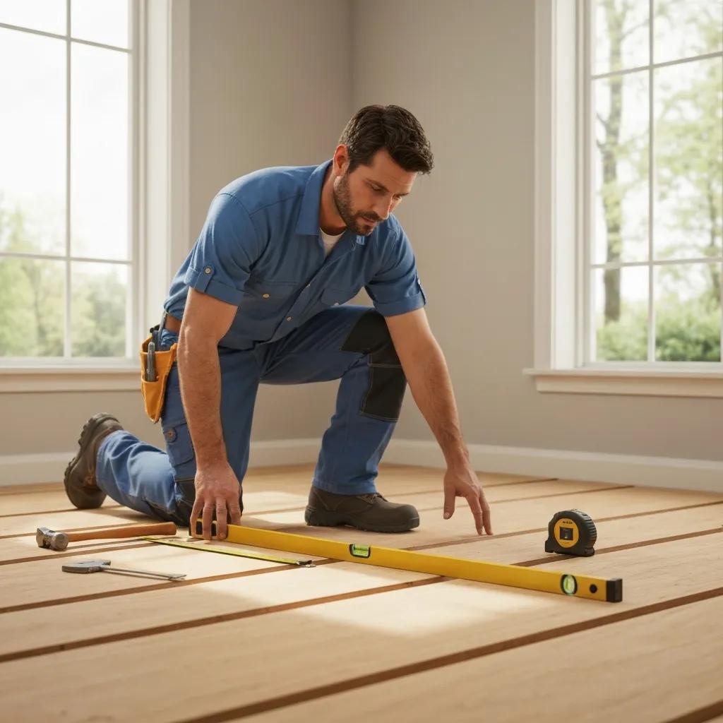 A skilled handyman carefully inspecting a subfloor before flooring installation