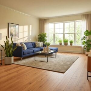 Beautifully installed hardwood floors in a sunlit San Jose living room