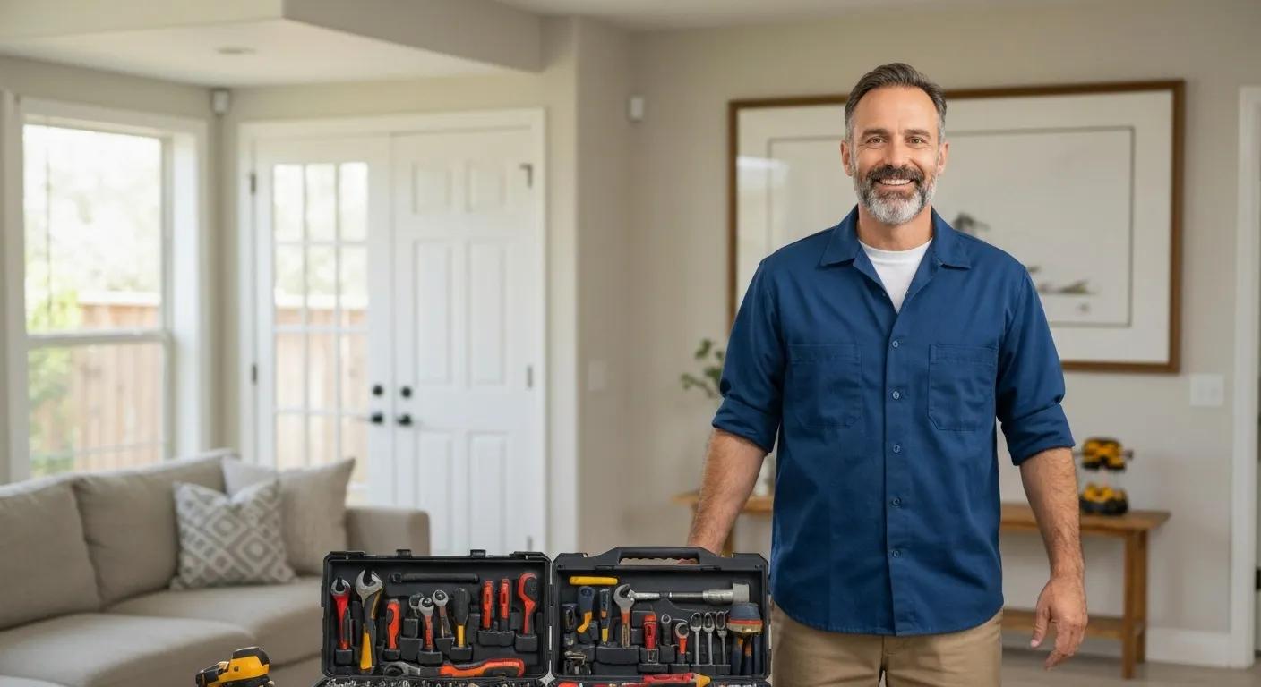 Friendly handyman in a San Jose home, ready to tackle repairs with a smile and professional tools