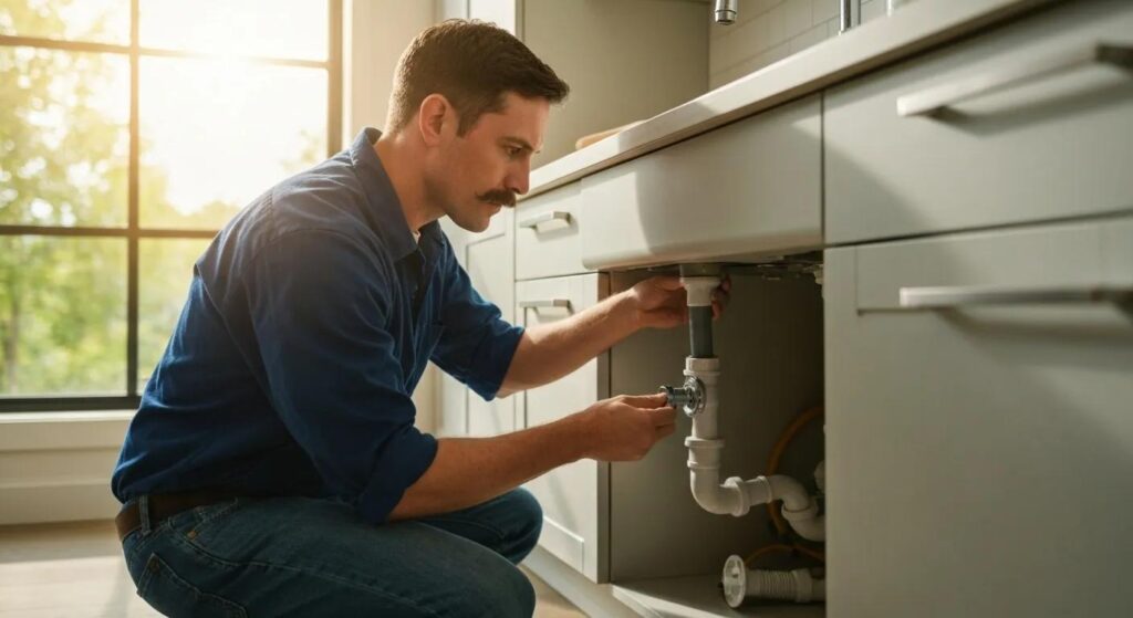 Handyman working on plumbing under a sink, illustrating specialized repair services