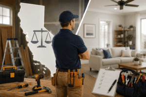 Handyman discussing residential repair project with homeowner inside California home