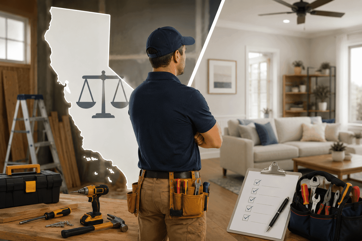 Handyman discussing residential repair project with homeowner inside California home