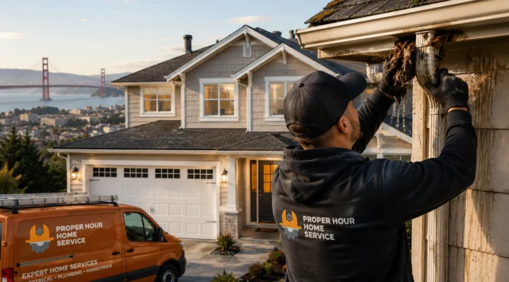 Handyman performing exterior home repair and maintenance service near roofline