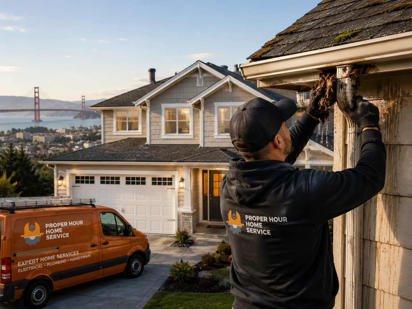 Handyman performing exterior home repair and maintenance service near roofline