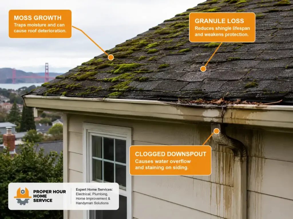 Roof Damage and Failing Gutters showing moss growth and clogging
