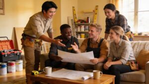 Diverse home repair professionals collaborating in a cozy living room, showcasing teamwork in home repair services