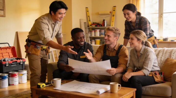 Diverse home repair professionals collaborating in a cozy living room, showcasing teamwork in home repair services