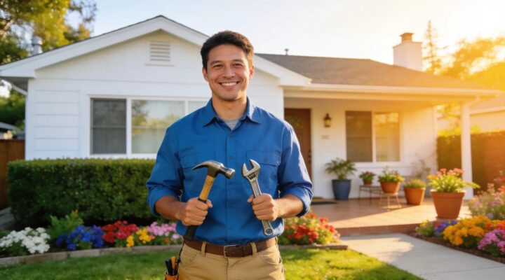 Trustworthy handyman with tools in front of a San Jose home, representing affordable home repair services.