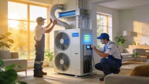 A modern HVAC system installed in a stylish home environment, illustrating energy efficiency and comfort
