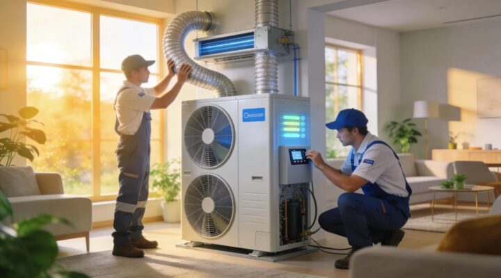 A modern HVAC system installed in a stylish home environment, illustrating energy efficiency and comfort