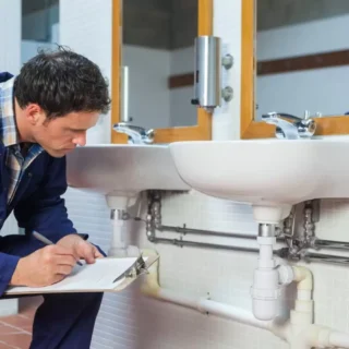 Plumber inspecting bathroom sink plumbing during residential plumbing repair service