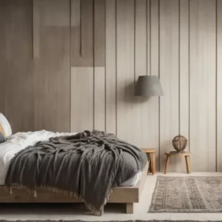 Modern minimalist bedroom with a wood accent wall, platform bed, and contemporary interior finishes after a home renovation