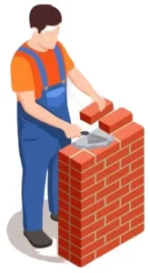 Mason building a brick wall with a trowel and mortar during residential masonry construction