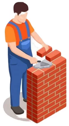 Mason building a brick wall with a trowel and mortar during residential masonry construction