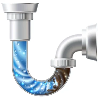 Illustration of a clogged sink drain pipe showing buildup inside a P-trap causing slow drainage