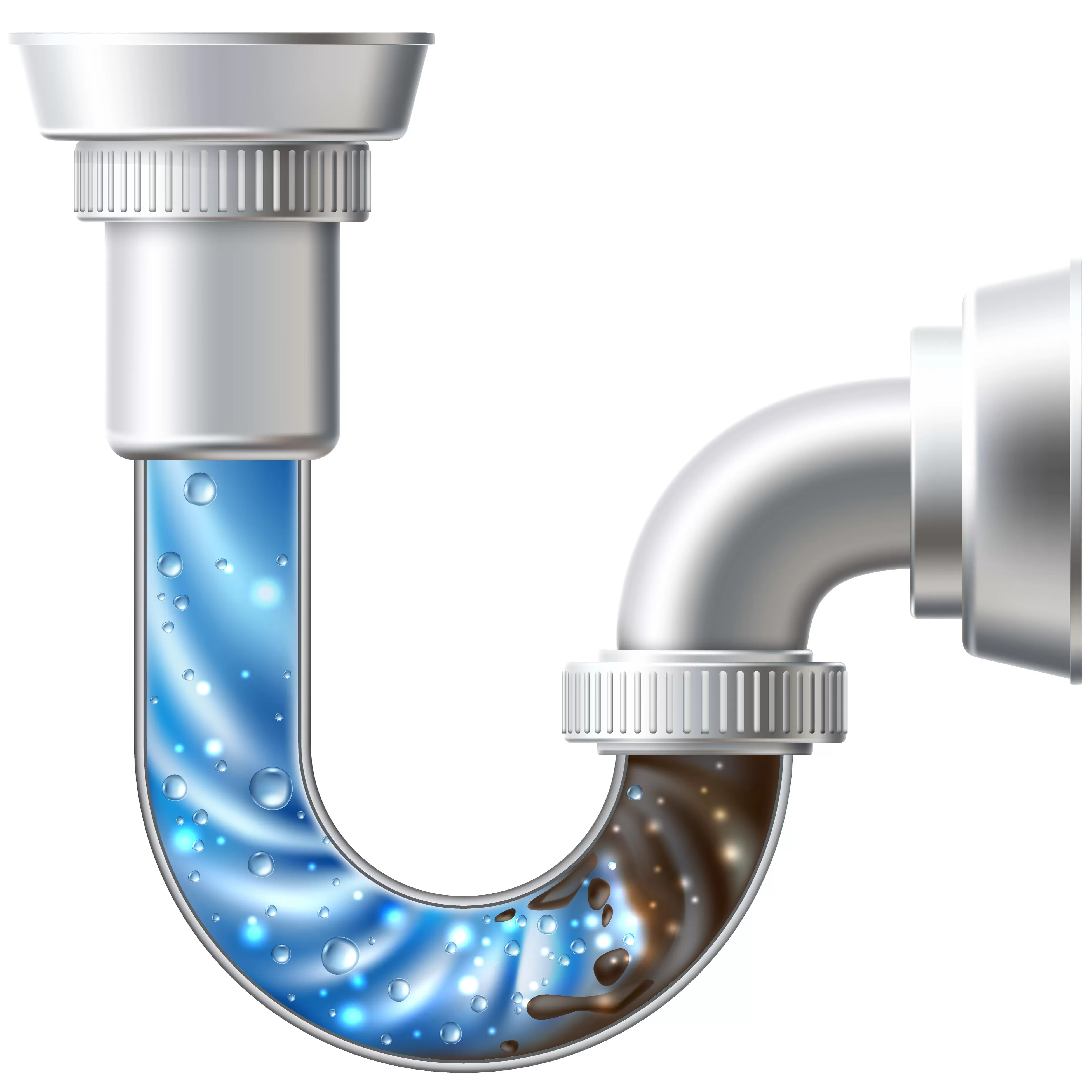 Illustration of a clogged sink drain pipe showing buildup inside a P-trap causing slow drainage