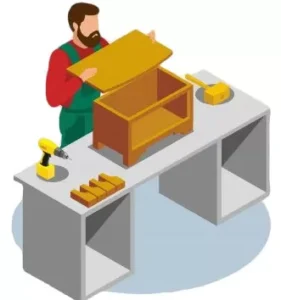 Carpenter assembling a custom wooden cabinet at a workbench using professional woodworking tools