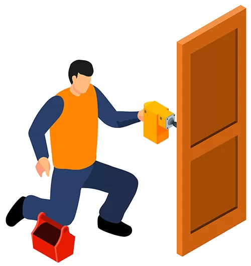 Handyman installing a residential door lock and door hardware with professional repair tools