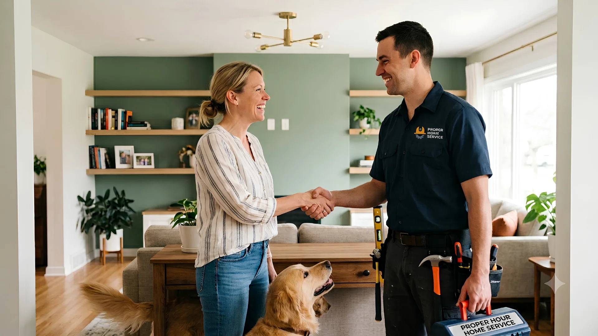 Happy homeowner shaking hands with a professional handyman inside a modern living room after a successful home repair, with a friendly golden retriever nearby.